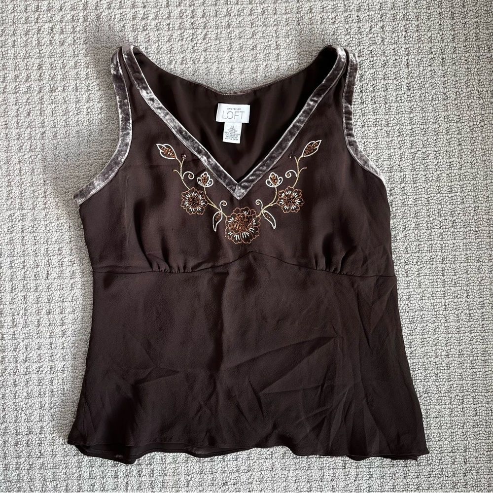 Vintage Loft Sheer/Lined Brown Silk Beaded Tank Top